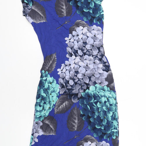 Phase Eight Womens Blue Floral Viscose Bodycon Size 12 Round Neck Pullover - Ruched