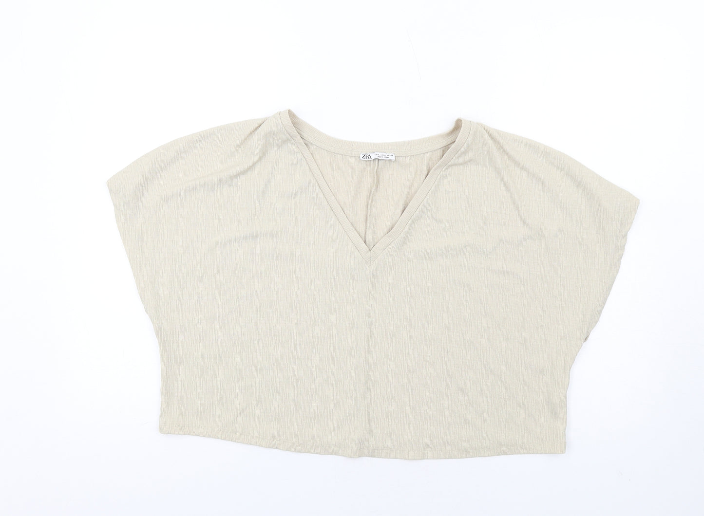 Zara Womens Beige Polyester Basic T-Shirt Size M V-Neck