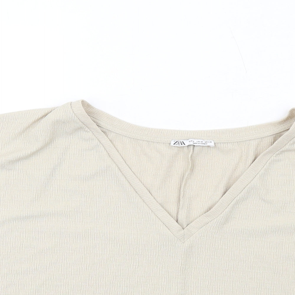 Zara Womens Beige Polyester Basic T-Shirt Size M V-Neck
