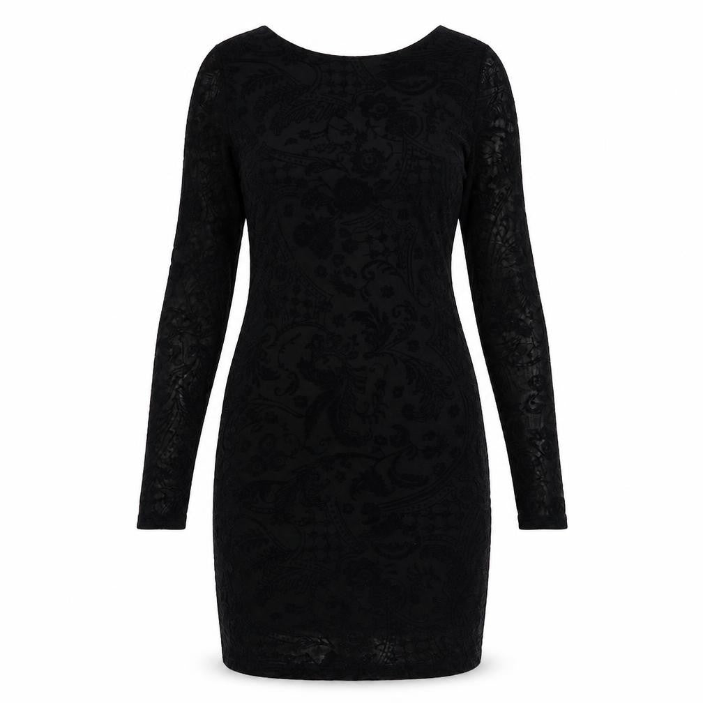Front view of Boohoo women’s black geometric polyester bodycon, size UK 10, round neck pullover