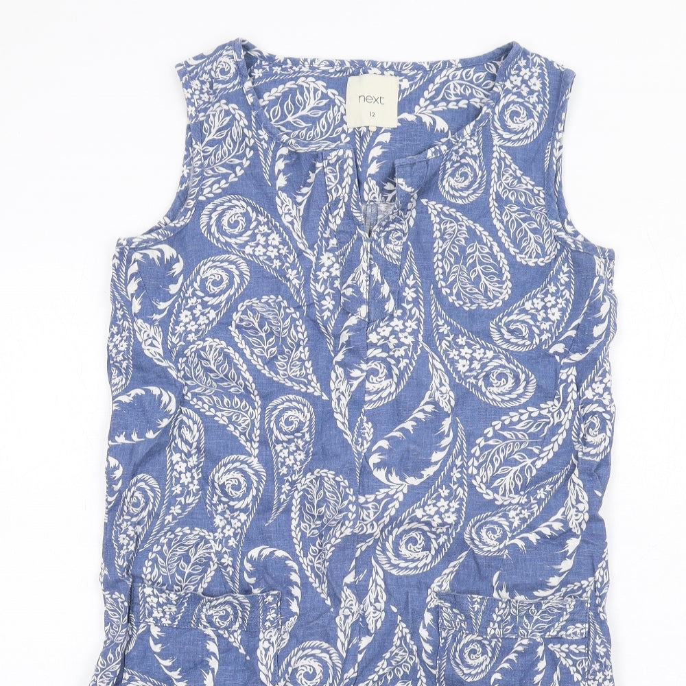 NEXT Womens Blue Paisley Linen A-Line Size 12 V-Neck Pullover