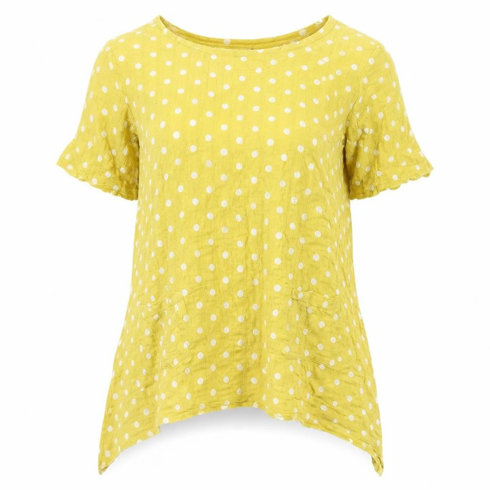 Front view of Klass women’s yellow polka dot cotton basic t-shirt, size UK 10, round neck