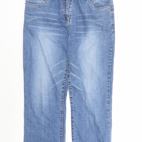 Opal Stone Womens Blue Cotton Tapered Jeans Size 10 L25 in Regular Zip - Flower Detail On Hem