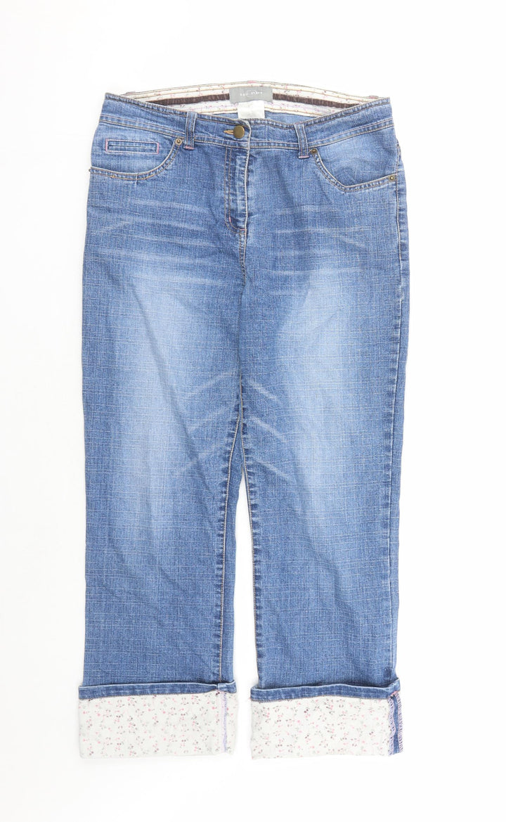 Opal Stone Womens Blue Cotton Tapered Jeans Size 10 L25 in Regular Zip - Flower Detail On Hem