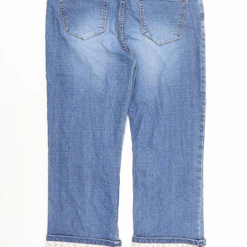 Opal Stone Womens Blue Cotton Tapered Jeans Size 10 L25 in Regular Zip - Flower Detail On Hem