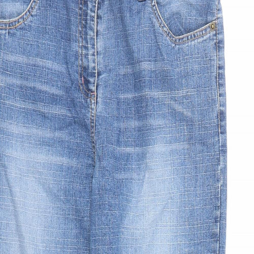 Opal Stone Womens Blue Cotton Tapered Jeans Size 10 L25 in Regular Zip - Flower Detail On Hem