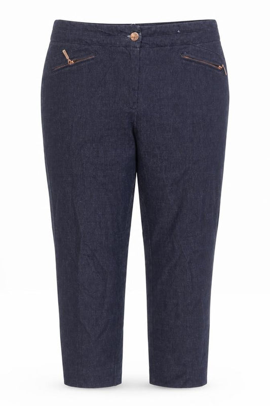 Front view of Per Una women’s blue cotton cropped jeans, size UK 14, 24-inch leg regular zip