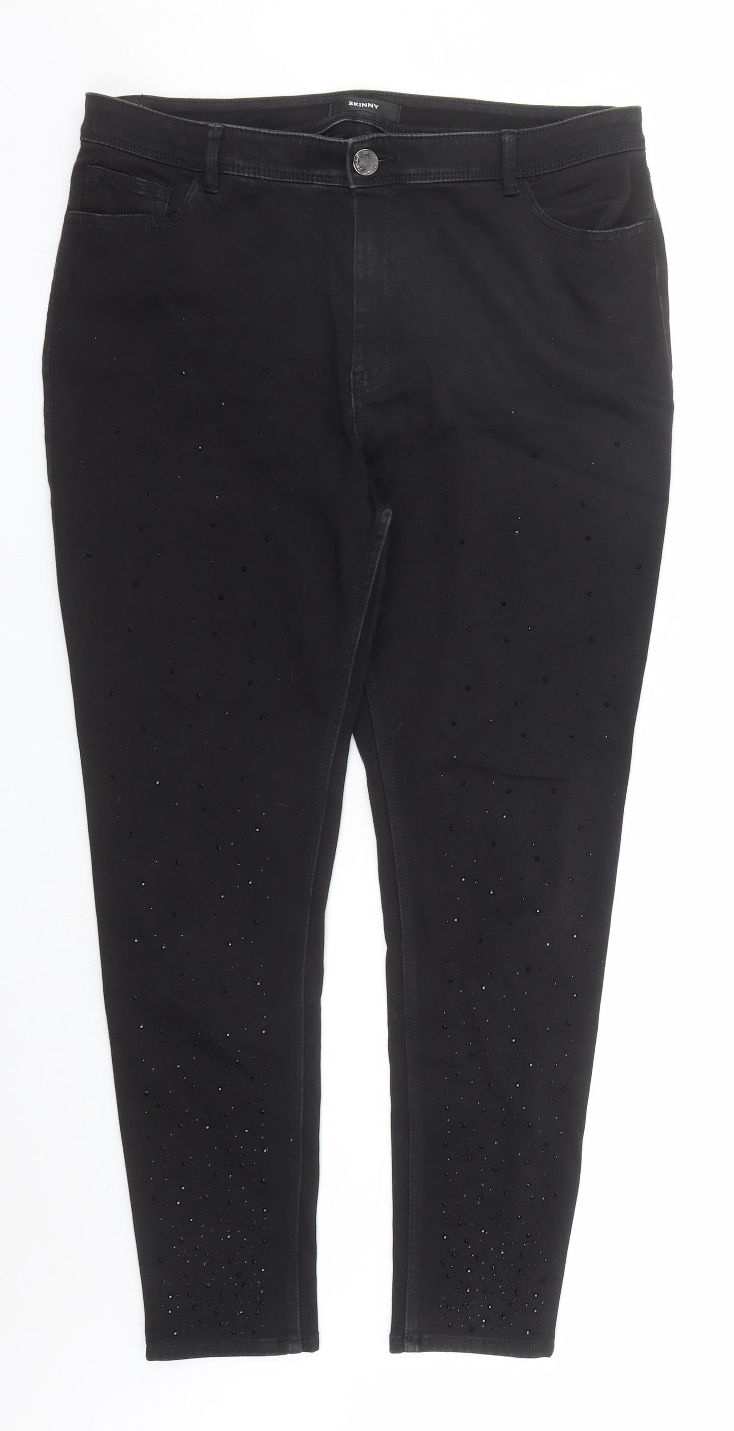 Marks and Spencer Womens Black Cotton Skinny Jeans Size 16 L27 in Regular Zip - Rhinestone Detail