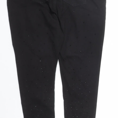 Marks and Spencer Womens Black Cotton Skinny Jeans Size 16 L27 in Regular Zip - Rhinestone Detail