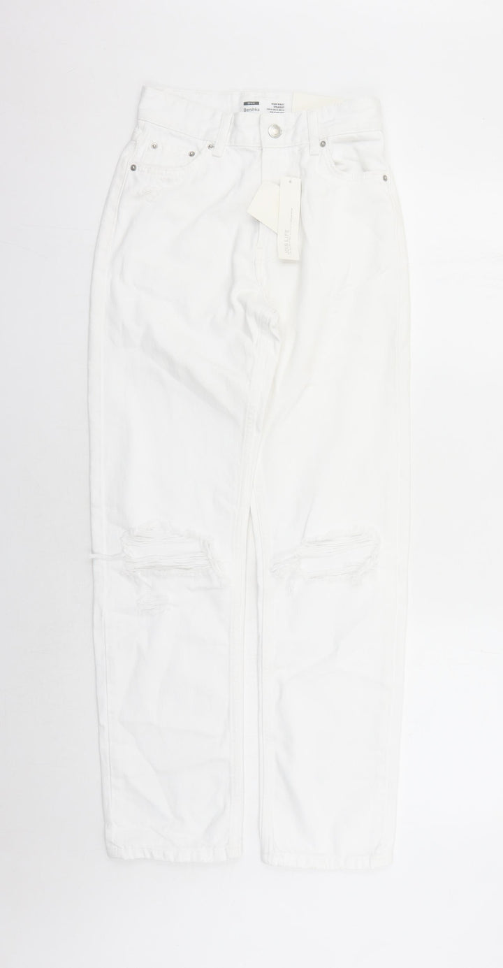 Bershka Womens White Cotton Straight Jeans Size 26 in L29 in Regular Zip