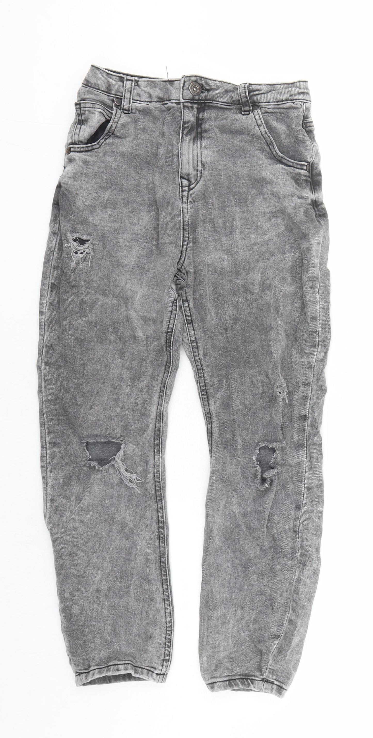 River Island Boys Grey Cotton Straight Jeans Size 10 Years L22 in Regular Zip - Distressed Look