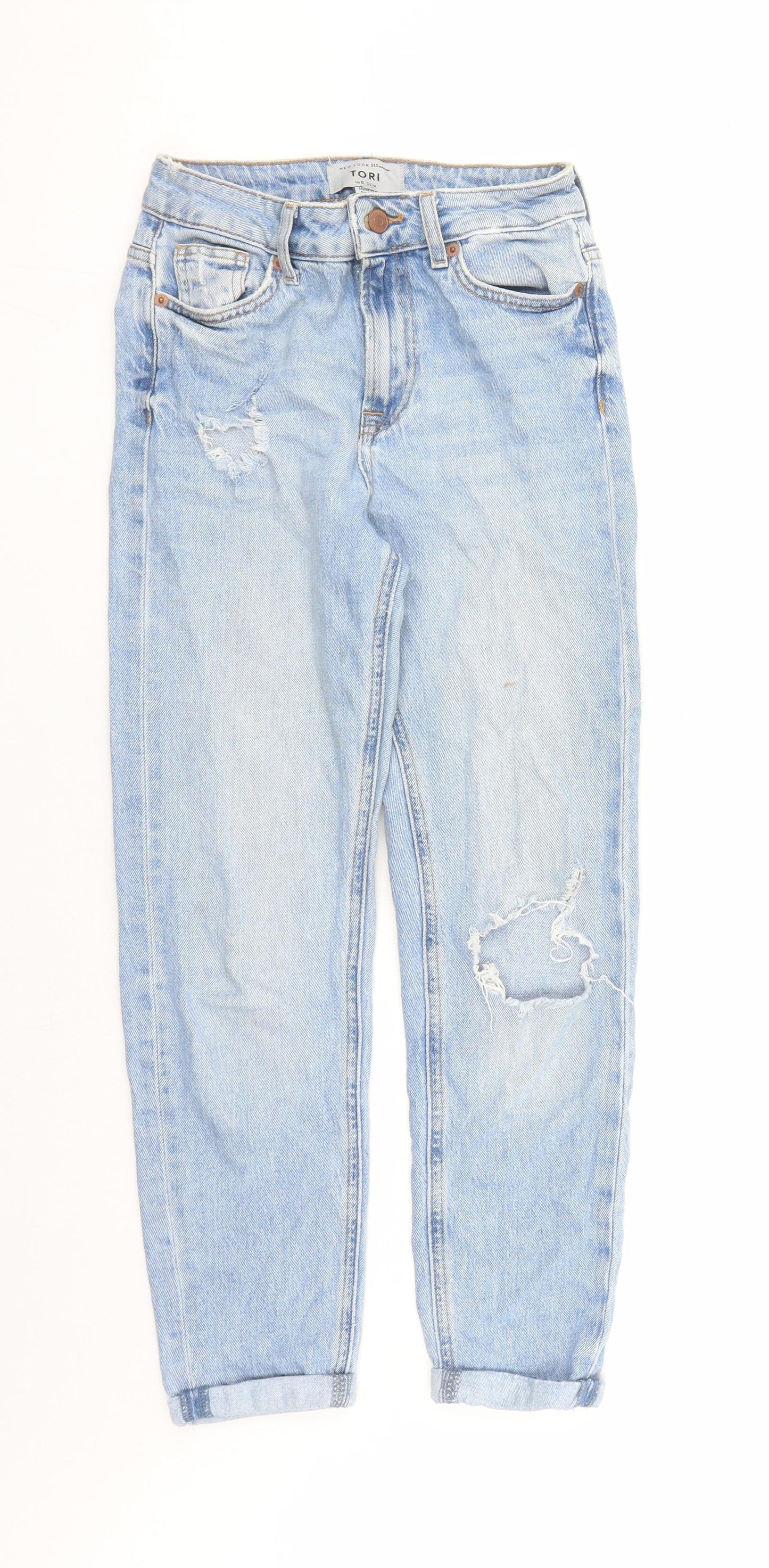 New Look Girls Blue Cotton Straight Jeans Size 12 Years L27 in Regular Zip - Distressed Look