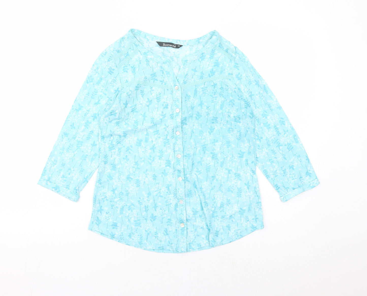 Bonmarché Womens Blue Floral Polyester Basic Button-Up Size 10 V-Neck