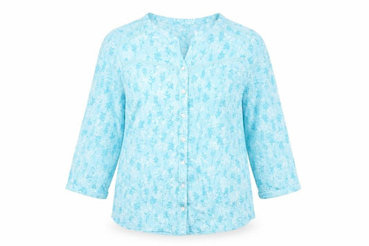 Front view of Bonmarché women’s blue floral polyester basic button-up, size UK 10, v-neck