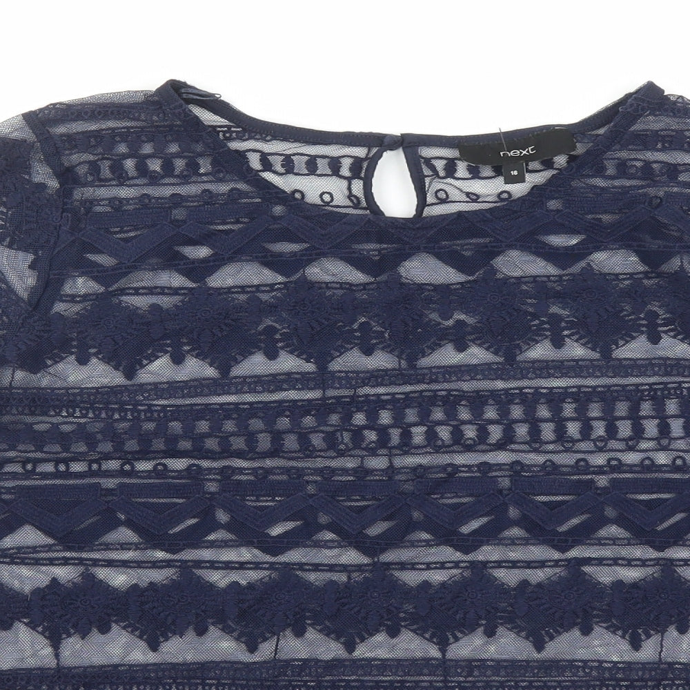 NEXT Womens Blue Geometric Cotton Basic Blouse Size 16 Round Neck