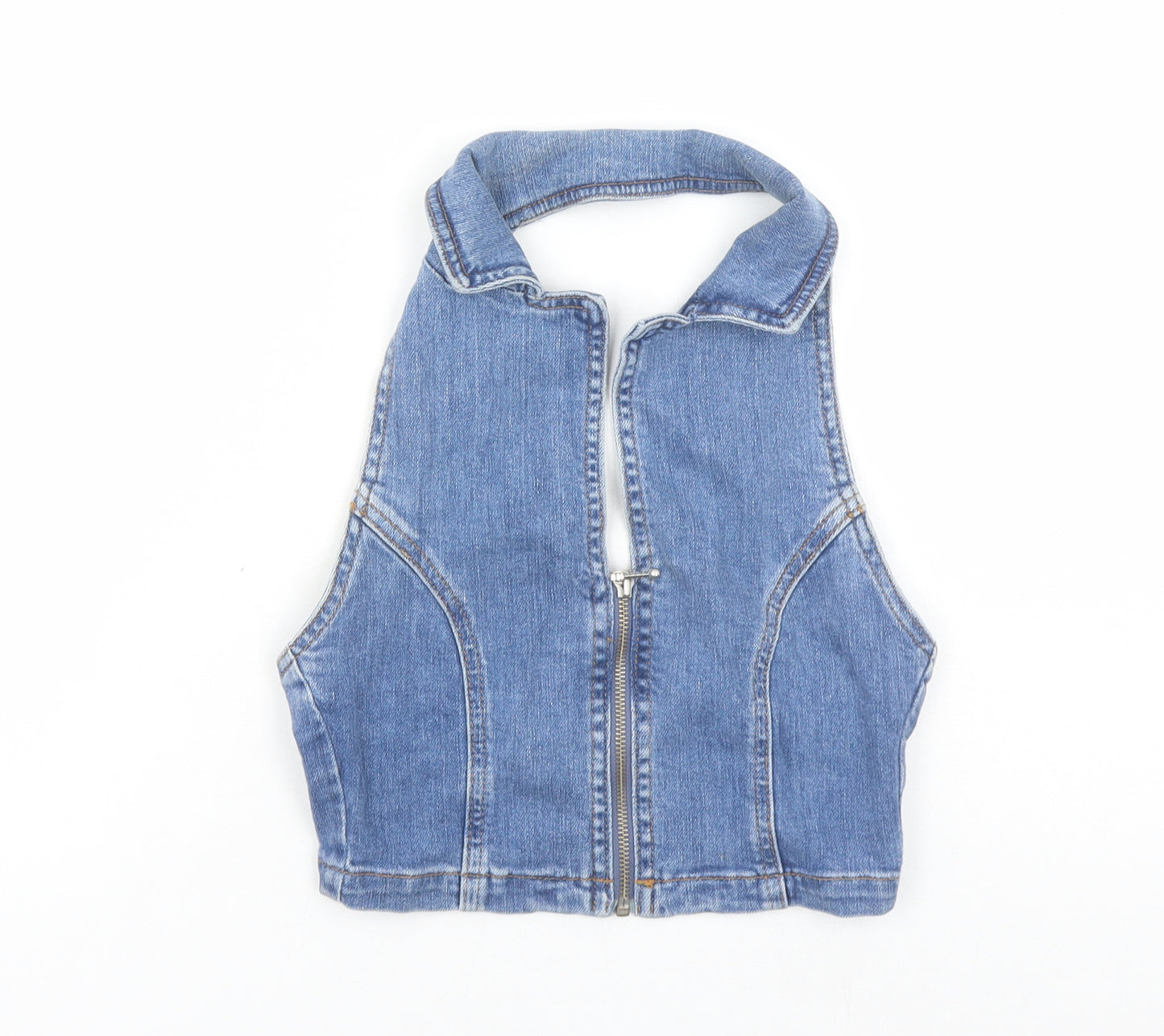 Topshop Womens Blue Cotton Cropped Blouse Size 6 Halter