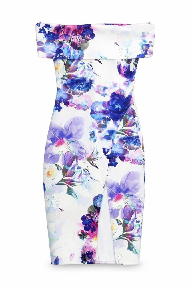 Front view of Jessica Wright women’s multicoloured floral polyester pencil dress, size UK 8, off the shoulder pullover