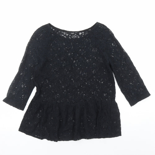NEXT Womens Black Floral Cotton Basic Blouse Size 10 Round Neck