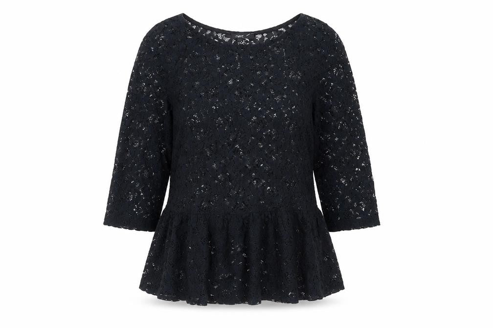 Front view of Next women’s black floral cotton basic blouse, size UK 10, round neck