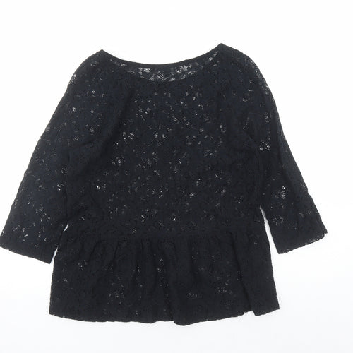 NEXT Womens Black Floral Cotton Basic Blouse Size 10 Round Neck