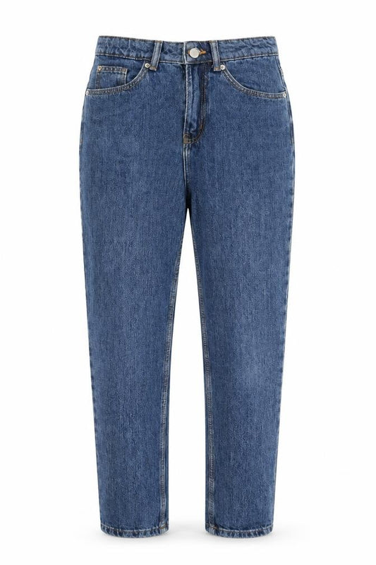 Front view of Denim & Co. women’s blue cotton mom jeans, size UK 8, 30-inch leg regular zip