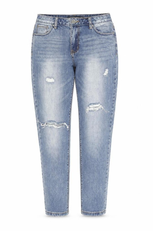 Front view of H. Connect women’s blue cotton mom jeans, size UK 32, in, 27-inch leg regular zip