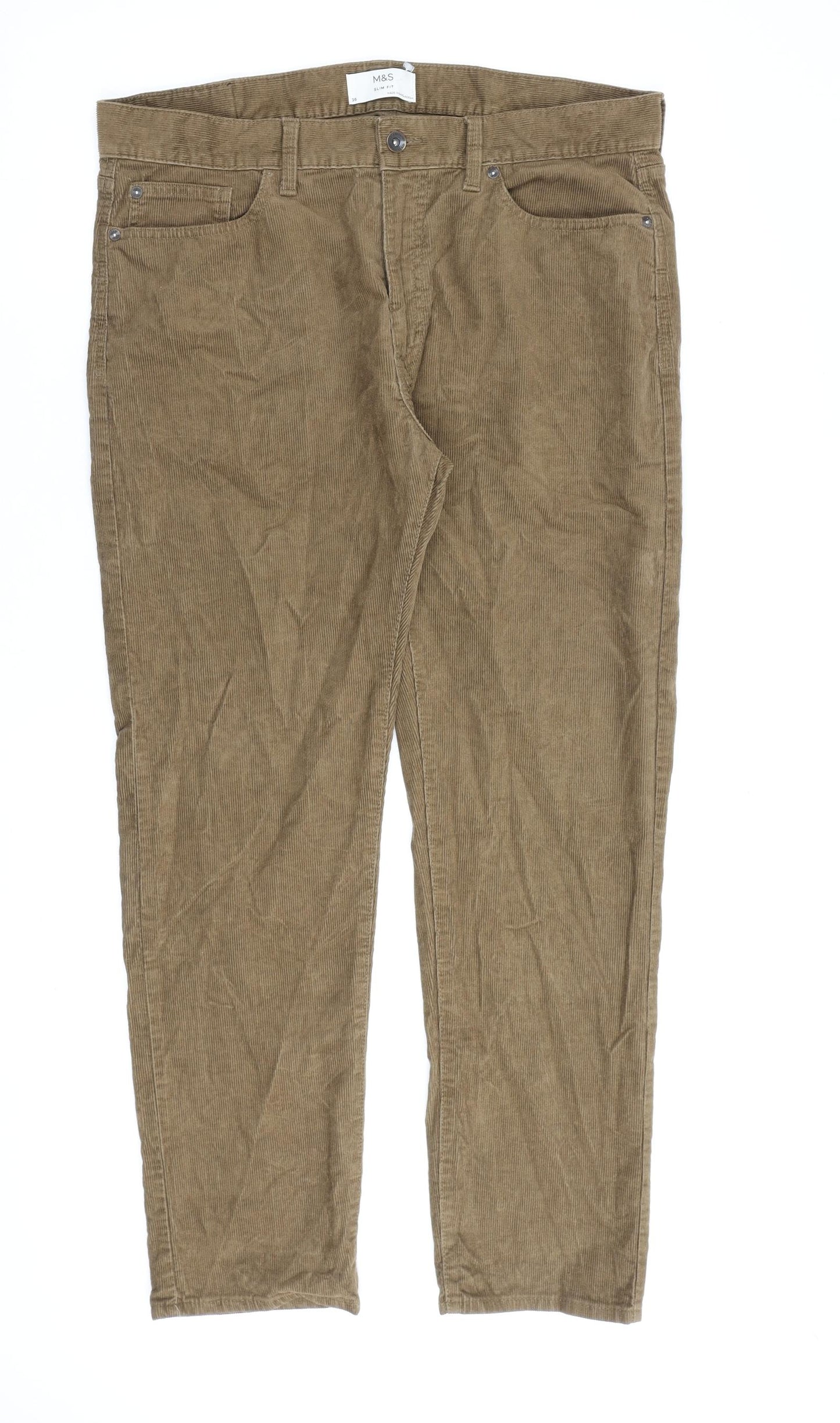 Marks and Spencer Mens Brown Cotton Trousers Size 36 in L30 in Regular Zip