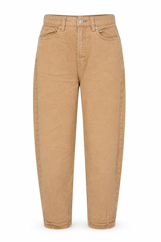 Front view of H&M women’s brown cotton mom jeans, size UK 8, 28-inch leg regular zip