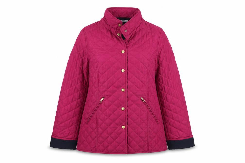 Front view of Classics women’s purple quilted jacket, size UK 12, snap