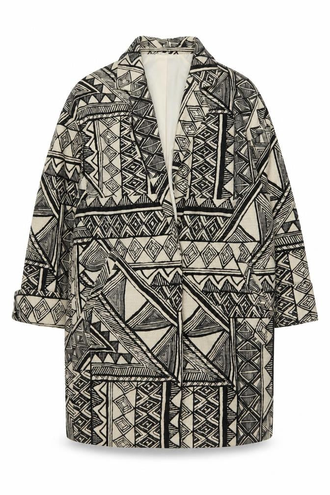Front view of Per Una women’s beige geometric jacket blazer, size S, snap