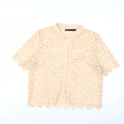 Zara Womens Pink Polyester Basic Button-Up Size M Collared
