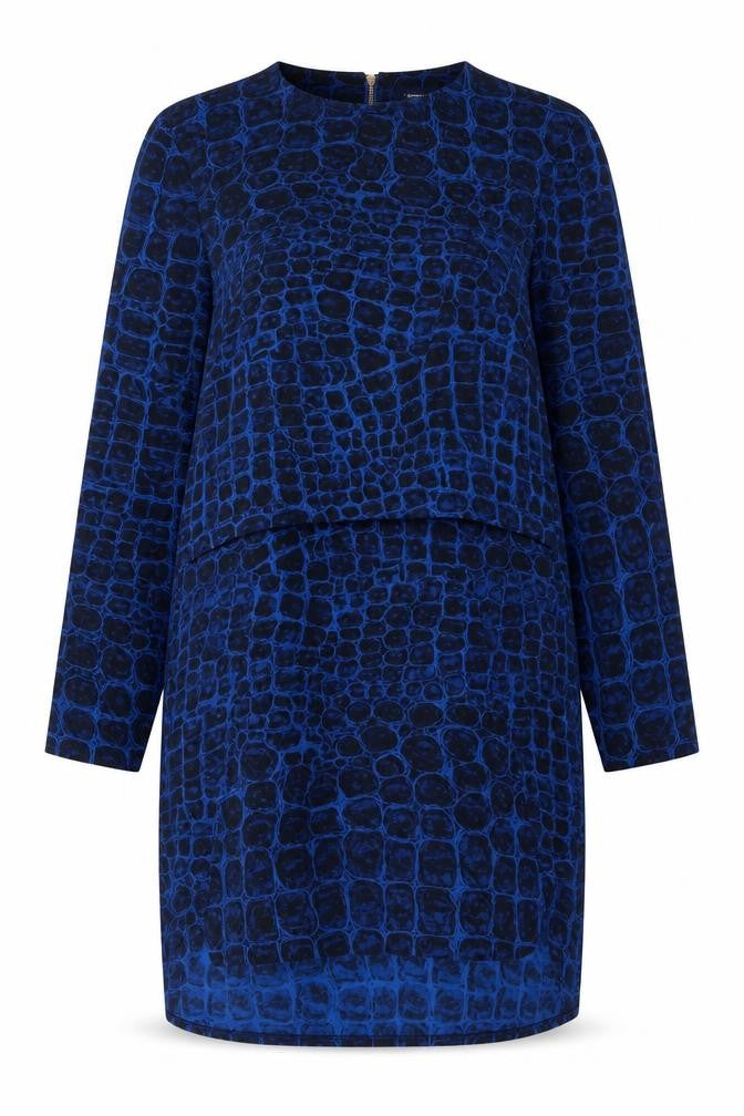 Front view of French Connection women’s blue geometric polyester sheath, size UK 10, crew neck zip
