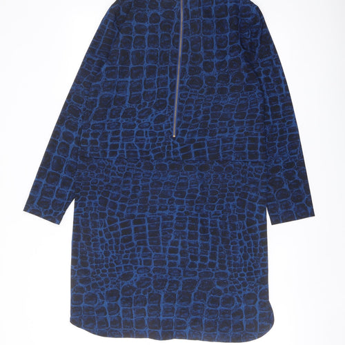 French Connection Womens Blue Geometric Polyester Sheath Size 10 Crew Neck Zip