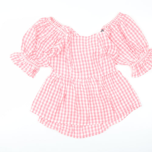 Studio Womens Pink Check Cotton Basic Blouse Size 10 Square Neck