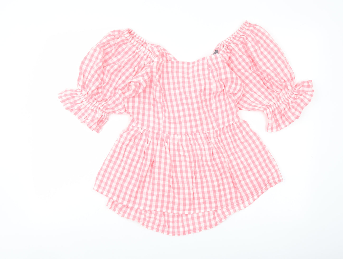Studio Womens Pink Check Cotton Basic Blouse Size 10 Square Neck