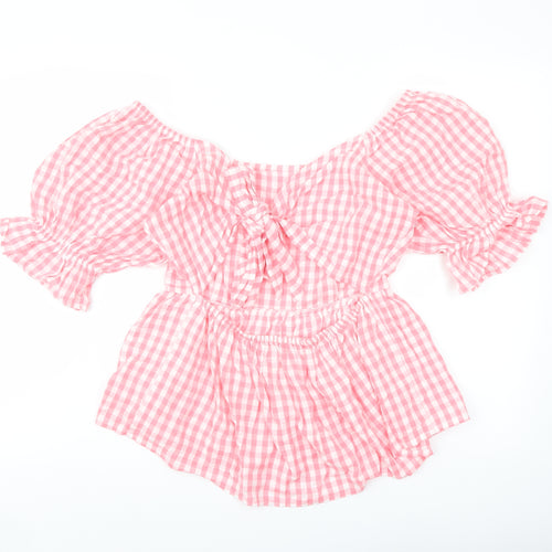 Studio Womens Pink Check Cotton Basic Blouse Size 10 Square Neck