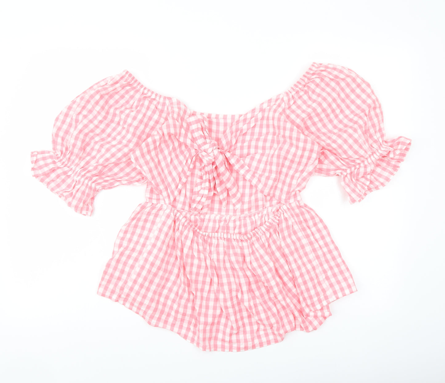Studio Womens Pink Check Cotton Basic Blouse Size 10 Square Neck