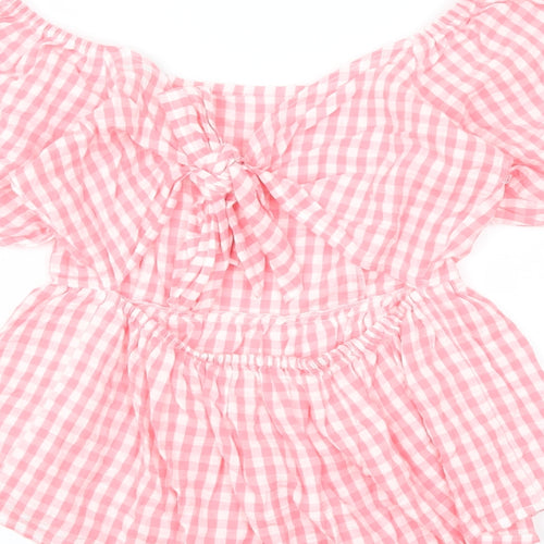 Studio Womens Pink Check Cotton Basic Blouse Size 10 Square Neck