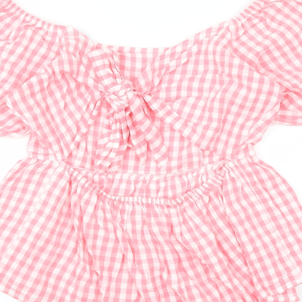 Studio Womens Pink Check Cotton Basic Blouse Size 10 Square Neck