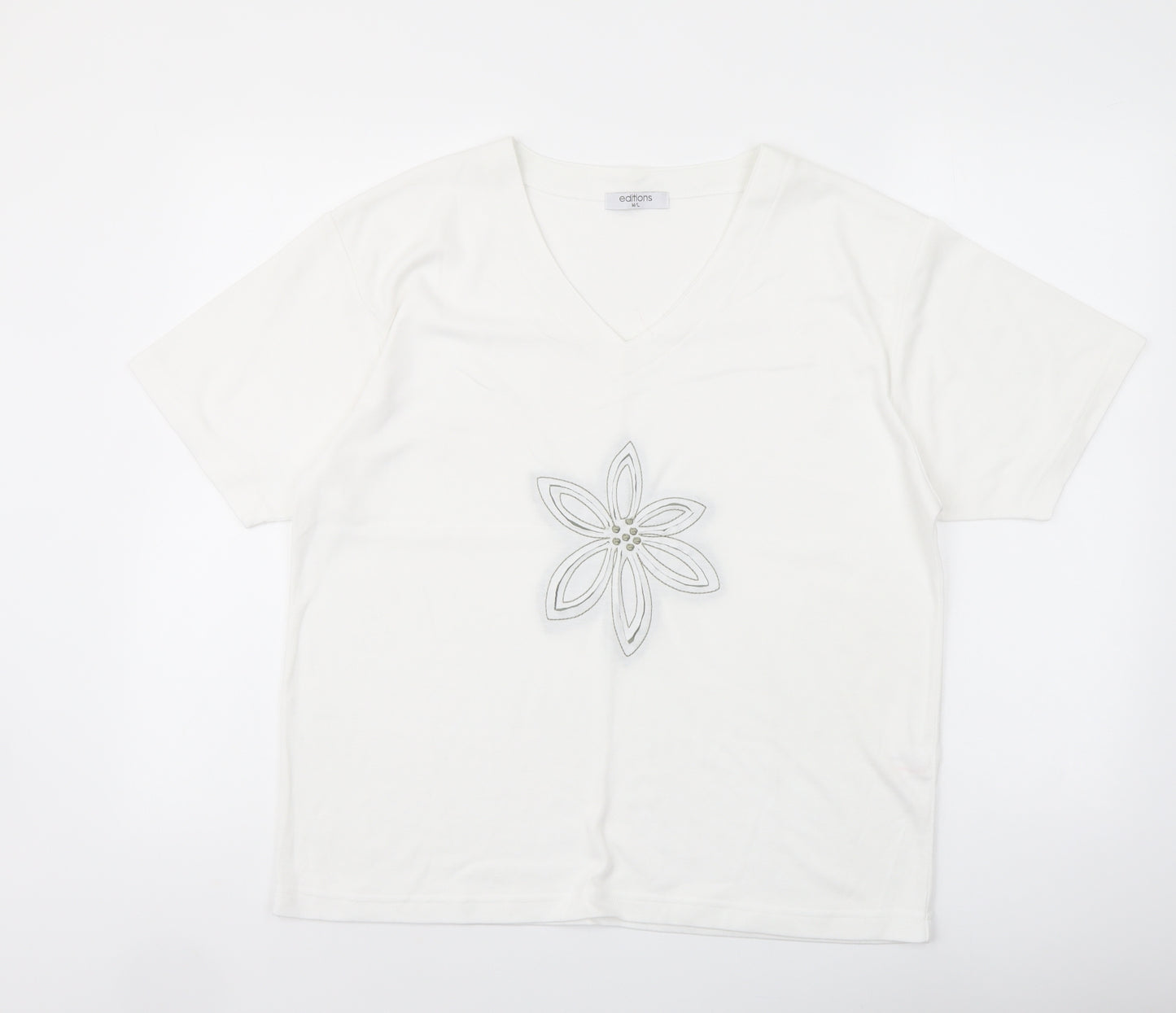 Editions Womens Ivory Polyester Basic T-Shirt Size M V-Neck