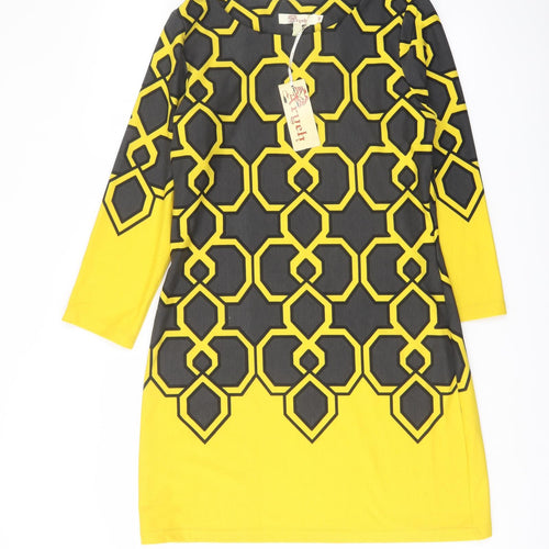 Aryeh Womens Yellow Geometric Polyester A-Line Size M Boat Neck Pullover