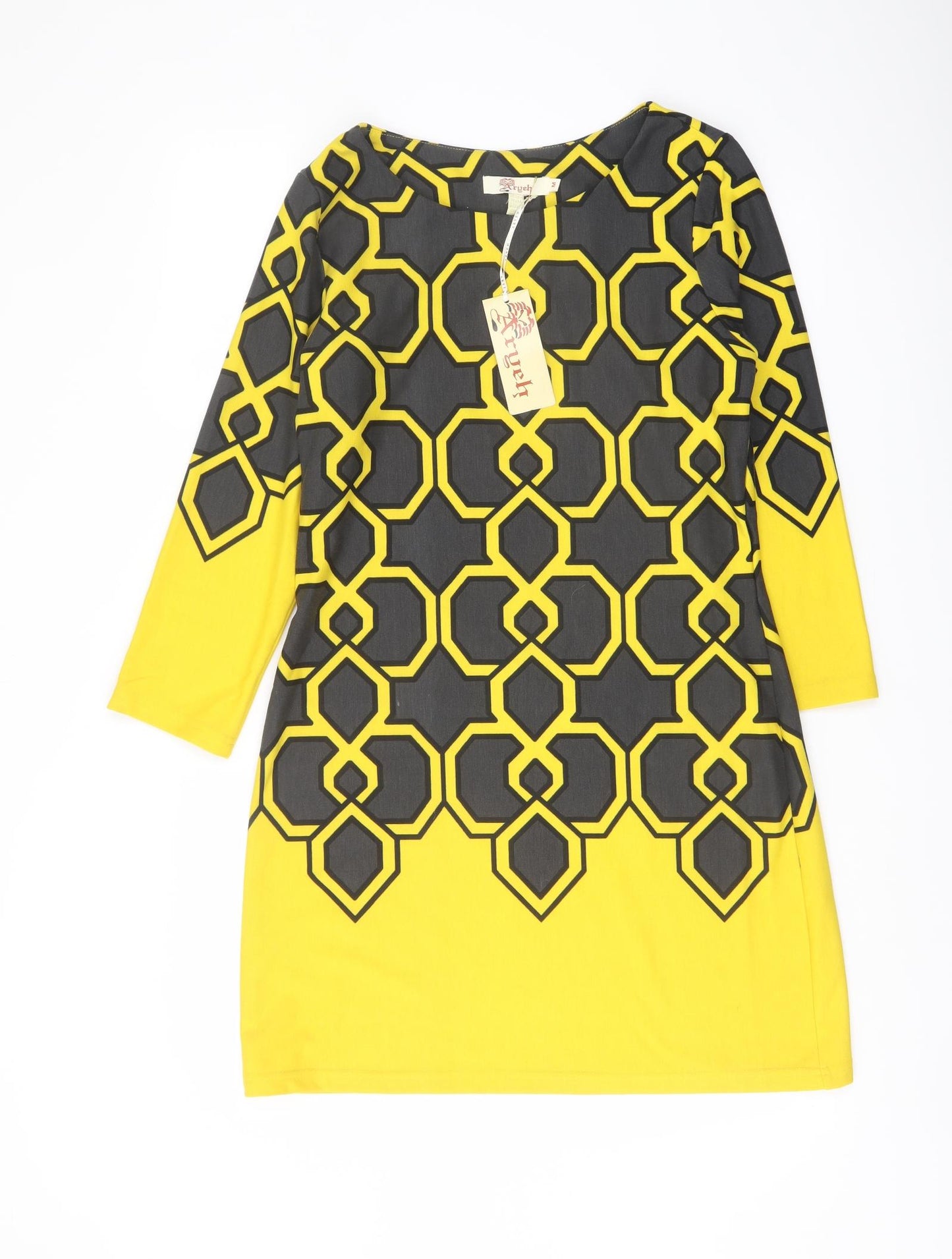 Aryeh Womens Yellow Geometric Polyester A-Line Size M Boat Neck Pullover