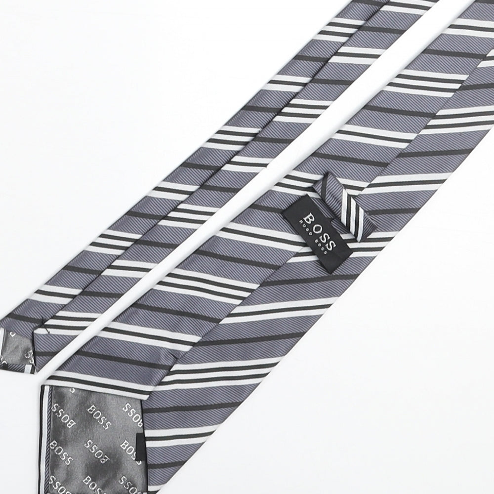 Boss Mens Grey Striped Polyester Pointed Tie One Size