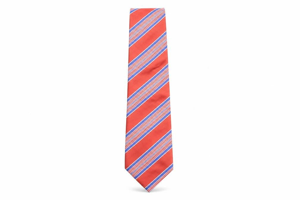 Front view of Frangi men’s red striped silk pointed tie one size