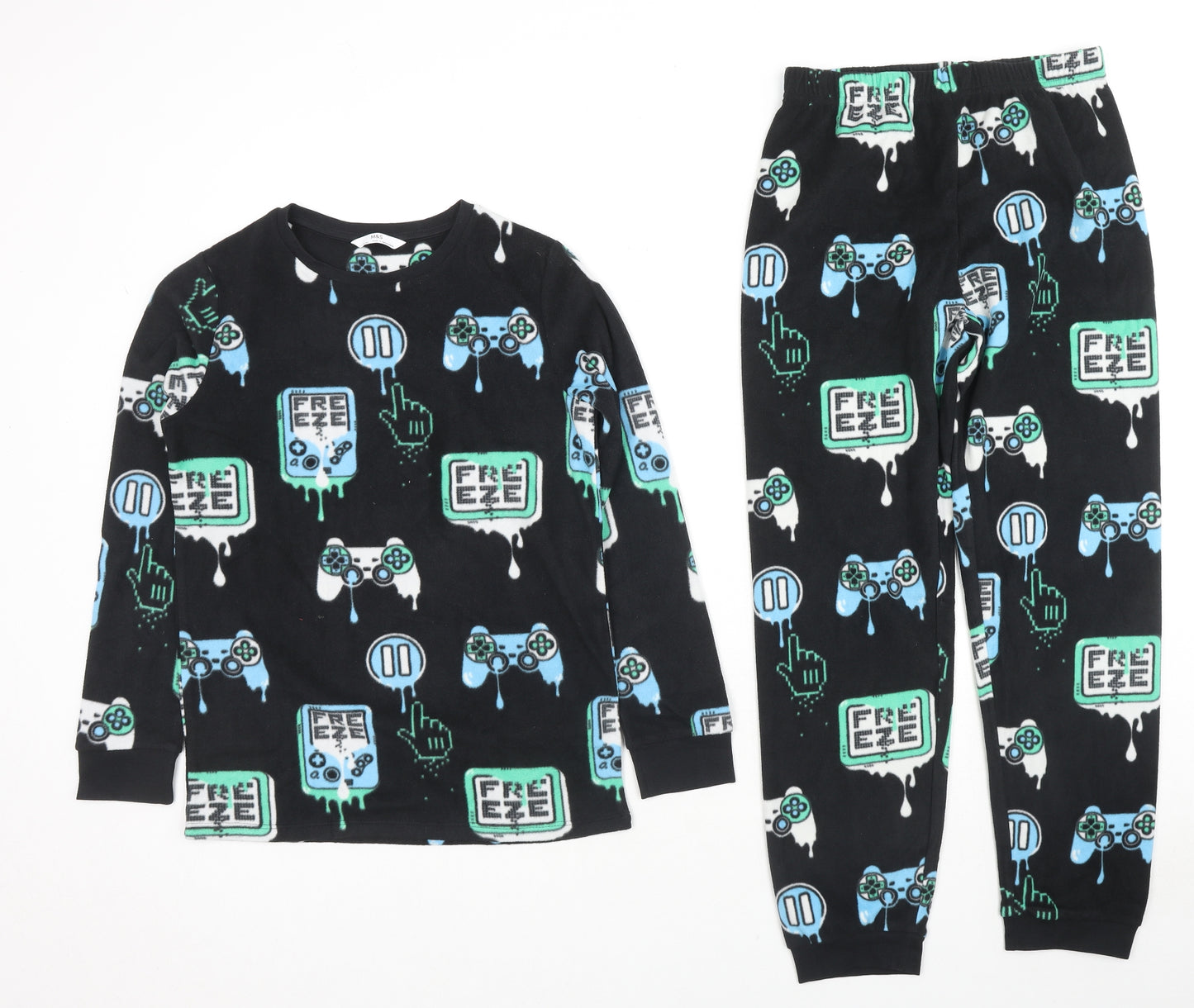 Marks and Spencer Boys Black Geometric Polyester Pyjama Set Size 11-12 Years Pullover - Gamer Freeze