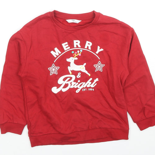 Marks and Spencer Boys Red Cotton Pullover Sweatshirt Size 6-7 Years Pullover - Merry Christmas Reindeer