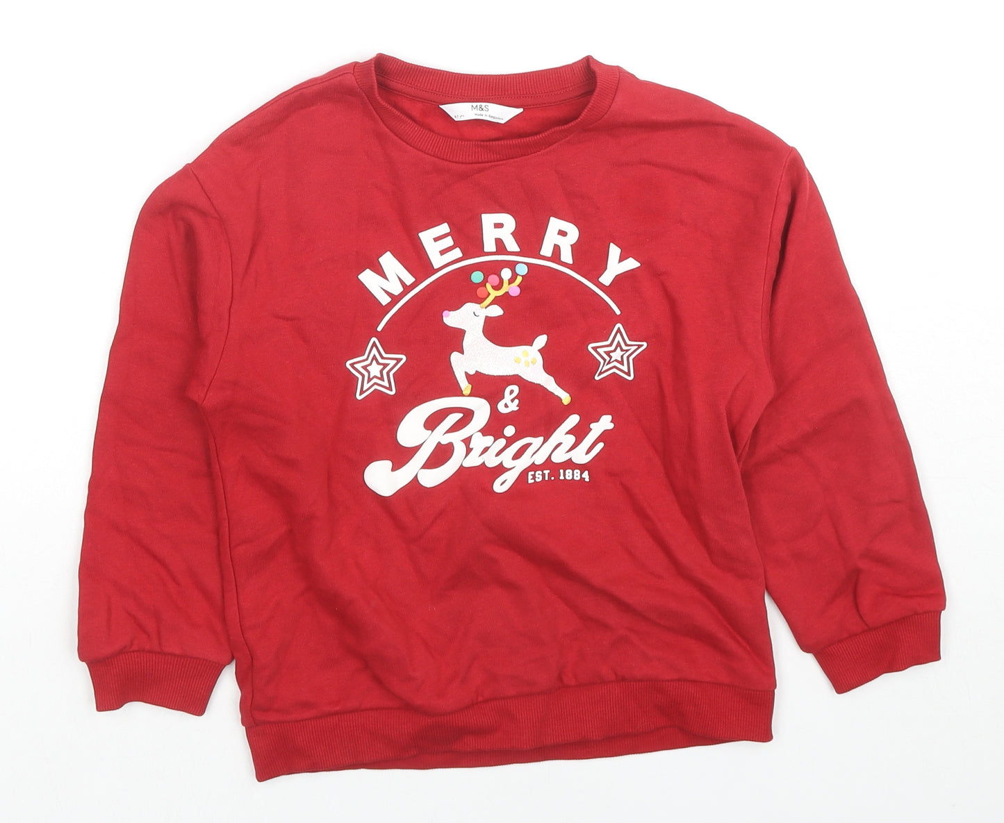 Marks and Spencer Boys Red Cotton Pullover Sweatshirt Size 6-7 Years Pullover - Merry Christmas Reindeer