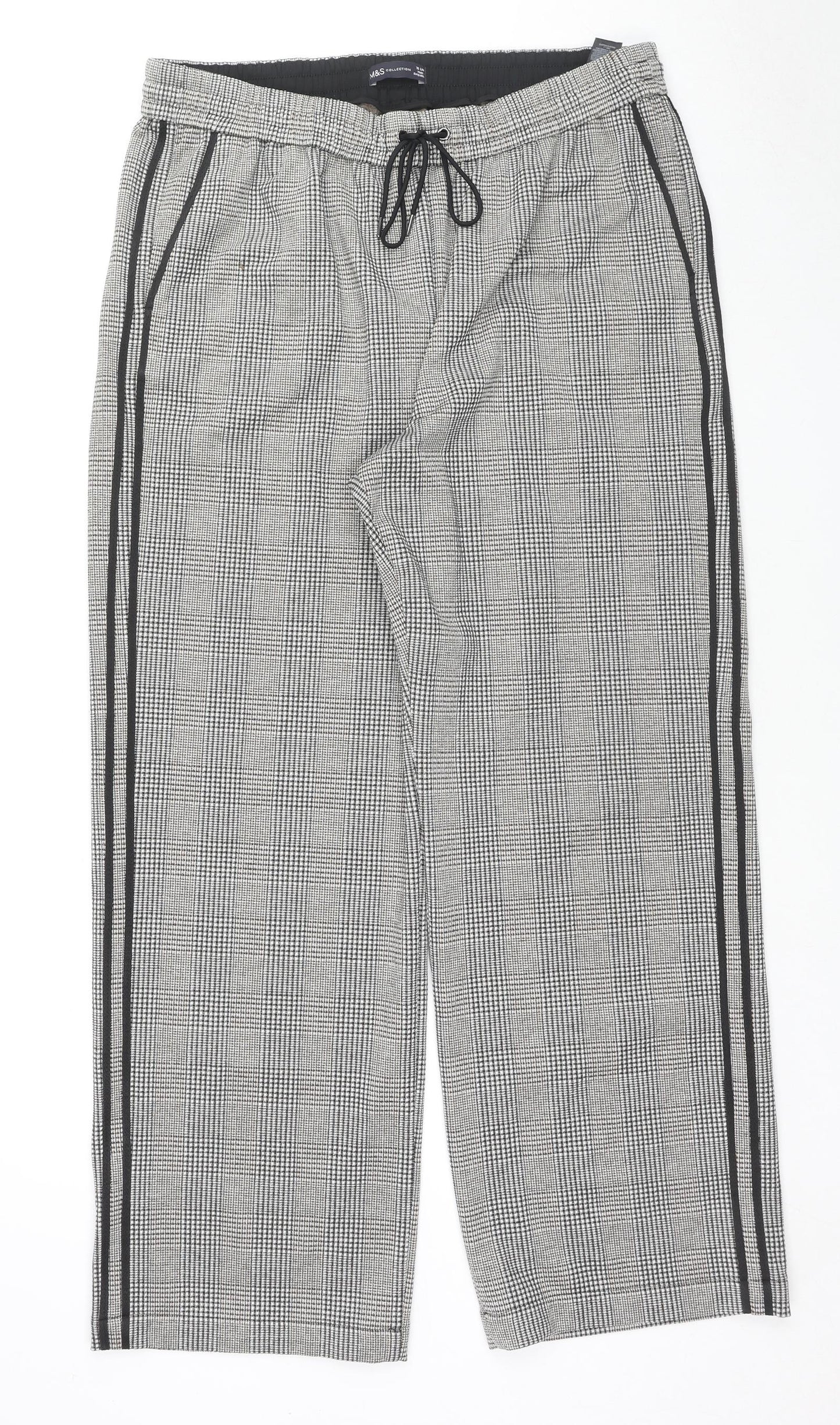 Marks and Spencer Womens Grey Check Polyester Trousers Size 18 L30 in Regular Drawstring