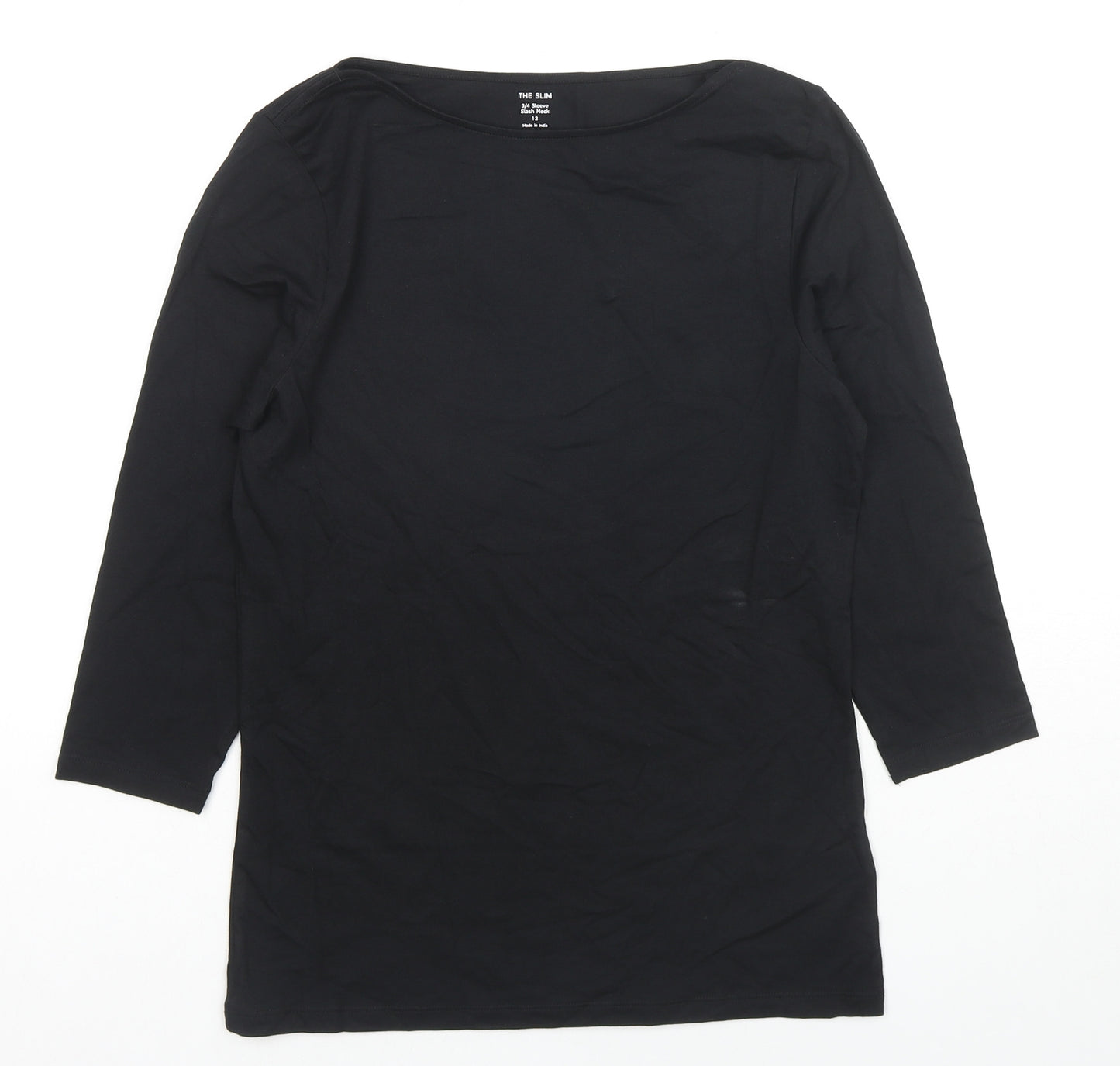 Marks and Spencer Womens Black Cotton Basic T-Shirt Size 12 Boat Neck