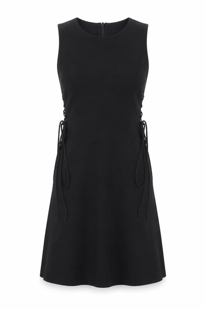 Front view of Topshop women’s black polyester a-line, size UK 10, crew neck zip - tie sides
